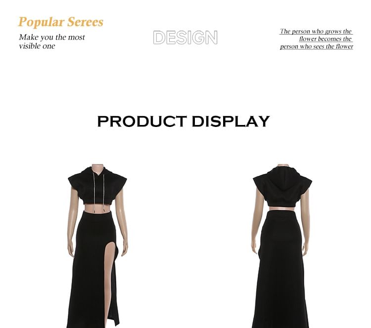 Hooded Crop Top + High-Waist Slit Maxi Skirt Set
