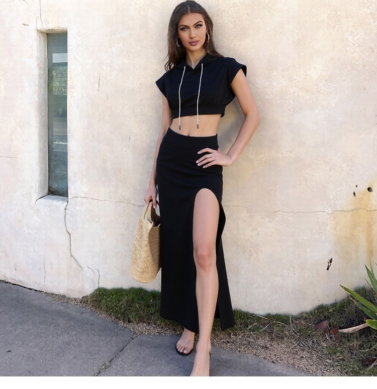 Hooded Crop Top + High-Waist Slit Maxi Skirt Set