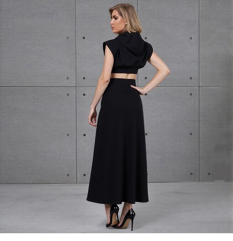 Hooded Crop Top + High-Waist Slit Maxi Skirt Set