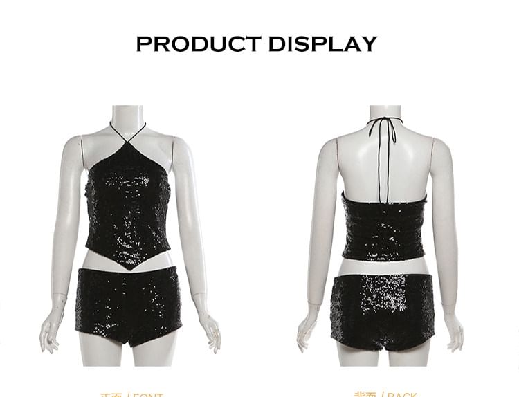 Sequined Halter Crop Camisole + Mid-Rise Shorts Set