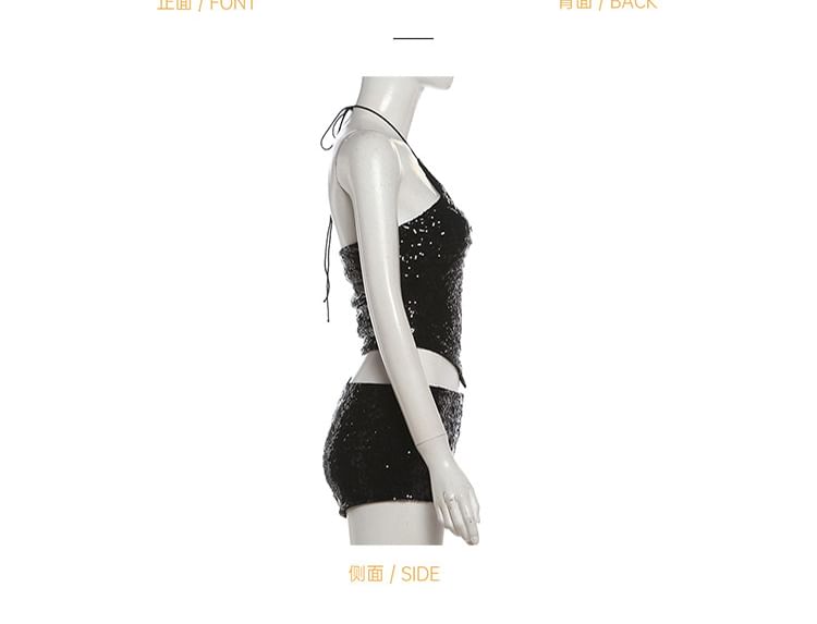 Sequined Halter Crop Camisole + Mid-Rise Shorts Set