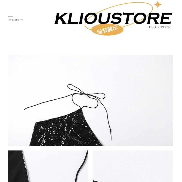 Sequined Halter Crop Camisole + Mid-Rise Shorts Set