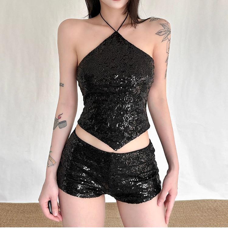Sequined Halter Crop Camisole + Mid-Rise Shorts Set