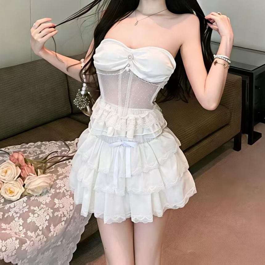 Peplum Mesh Tube Bustier Top with High Waist Tiered Lace Mini Skirt