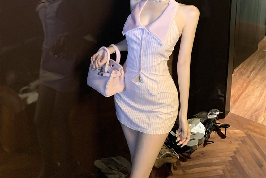 Halter Collared Striped Lace Trim Button Top with Mini Pencil Skirt