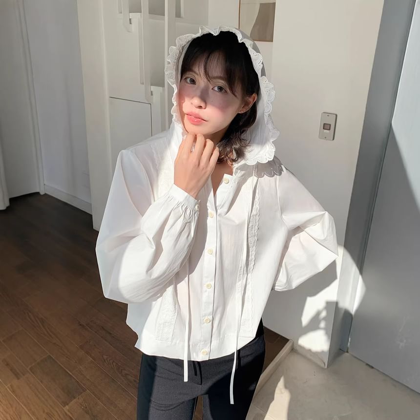 Hooded Lace-Trim Button-Up Blouse with Solid Design