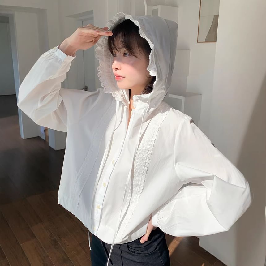 Hooded Lace-Trim Button-Up Blouse with Solid Design