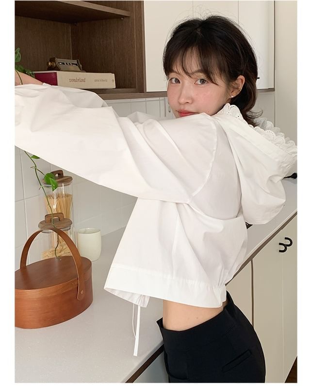 Hooded Lace-Trim Button-Up Blouse with Solid Design