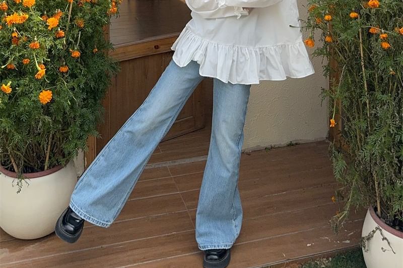Ruffle-Trim Round-Neck Blouse with Long Sleeves