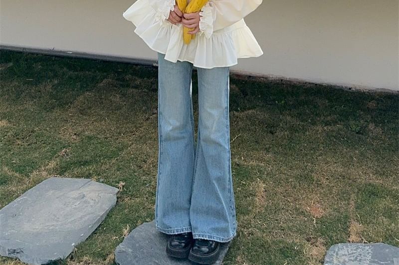 Ruffle-Trim Round-Neck Blouse with Long Sleeves