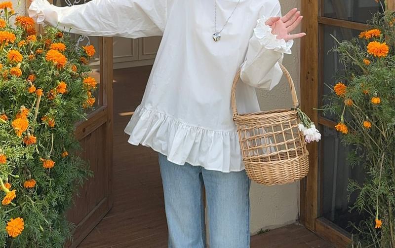 Ruffle-Trim Round-Neck Blouse with Long Sleeves