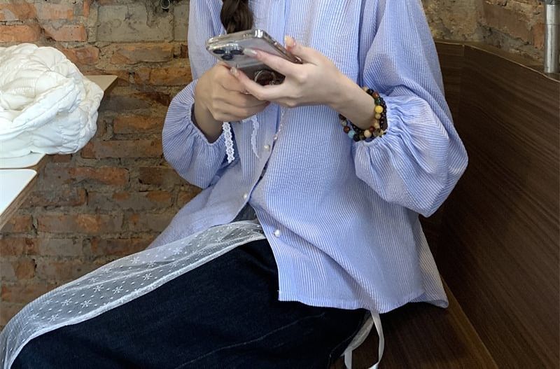 Pinstriped Button-Up Round-Neck Blouse with Long Sleeves