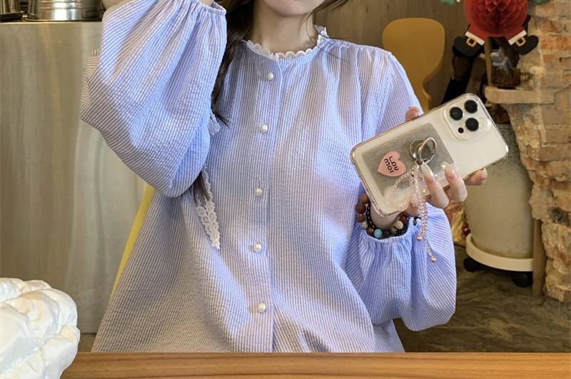Pinstriped Button-Up Round-Neck Blouse with Long Sleeves
