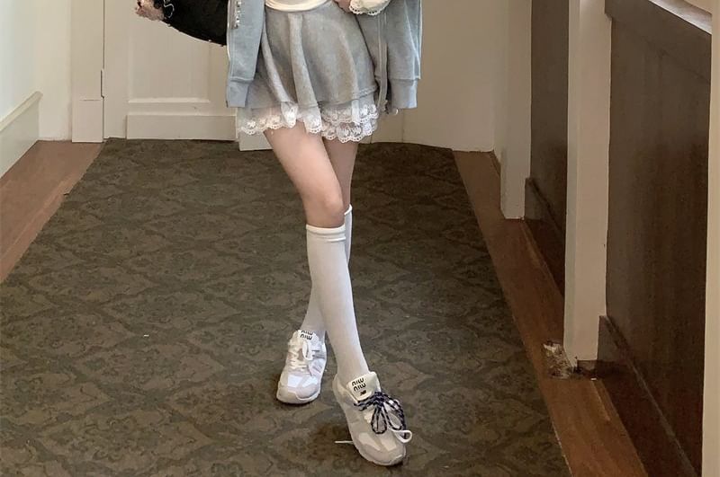 Drop-Shoulder Zip Hoodie and Lace-Trim Mini A-Line Skirt Set