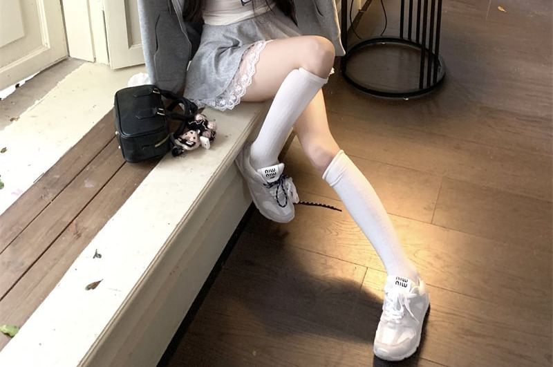 Drop-Shoulder Zip Hoodie and Lace-Trim Mini A-Line Skirt Set