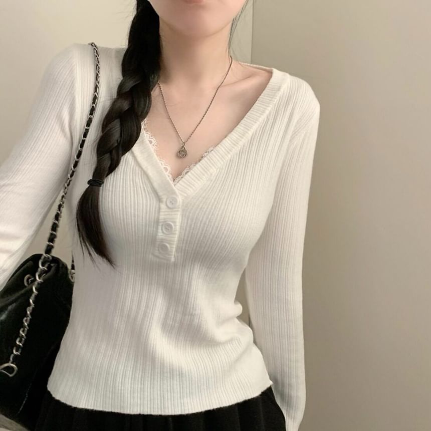 Long Sleeve V-Neck Lace Trim Button Ribbed Knit Top