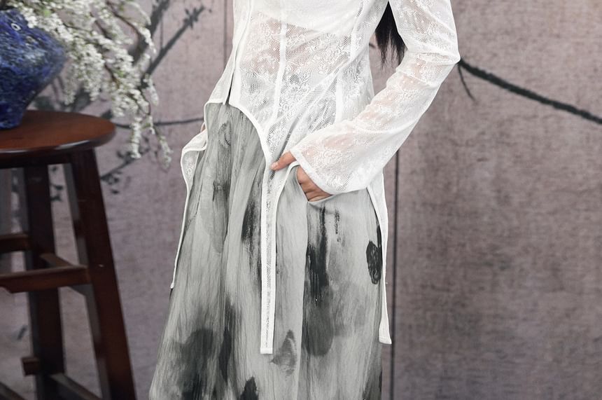 Long Sleeve Stand Collar Plain Lace Blouse