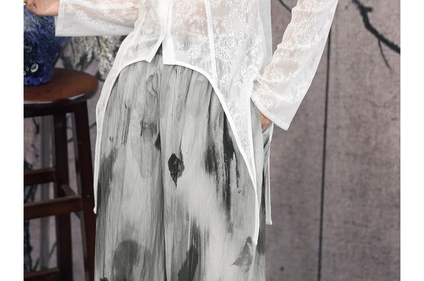 Long Sleeve Stand Collar Plain Lace Blouse