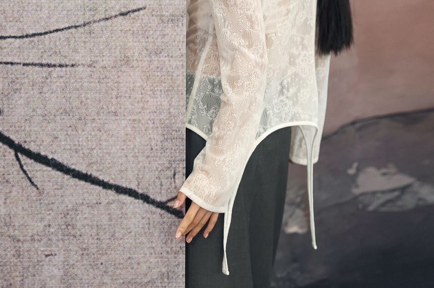 Long Sleeve Stand Collar Plain Lace Blouse