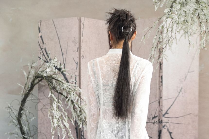 Long Sleeve Stand Collar Plain Lace Blouse