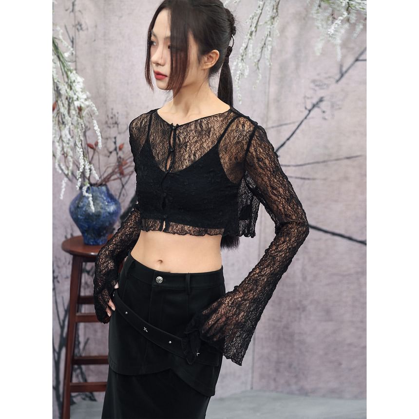 Long Sleeve V-Neck Plain Button Lace Crop Top