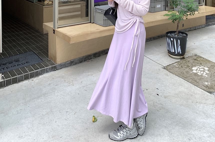 Long-Sleeve Off Shoulder Plain Drawstring T-Shirt / Spaghetti Strap Plain Midi A-Line Dress