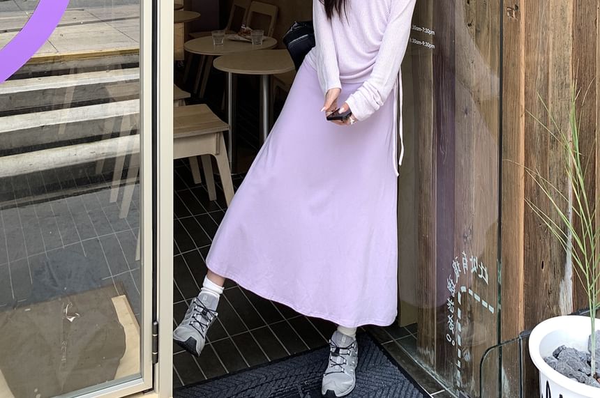 Long-Sleeve Off Shoulder Plain Drawstring T-Shirt / Spaghetti Strap Plain Midi A-Line Dress