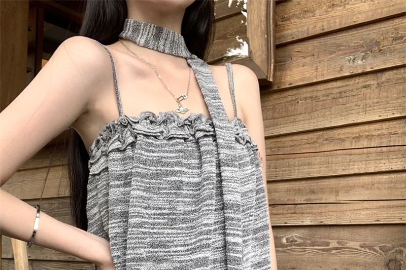 Set: Spaghetti Strap Ruffle Trim Mini A-Line Dress + Light Scarf