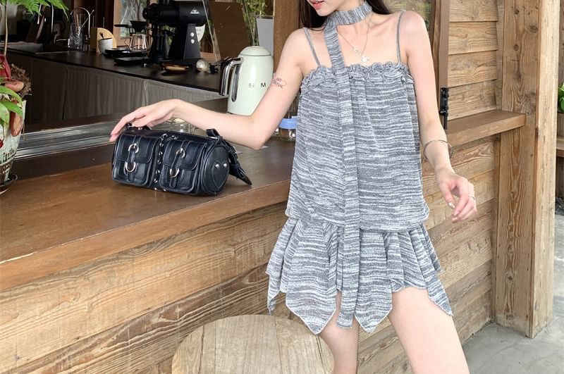 Set: Spaghetti Strap Ruffle Trim Mini A-Line Dress + Light Scarf