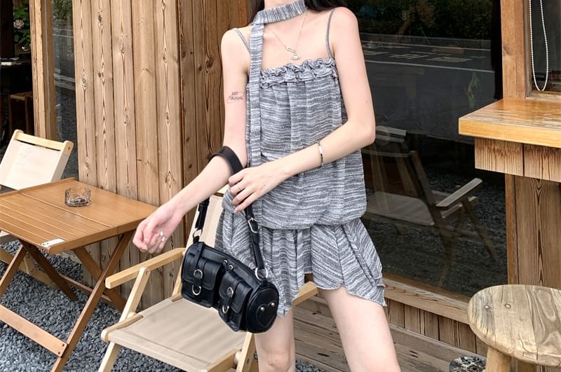 Set: Spaghetti Strap Ruffle Trim Mini A-Line Dress + Light Scarf