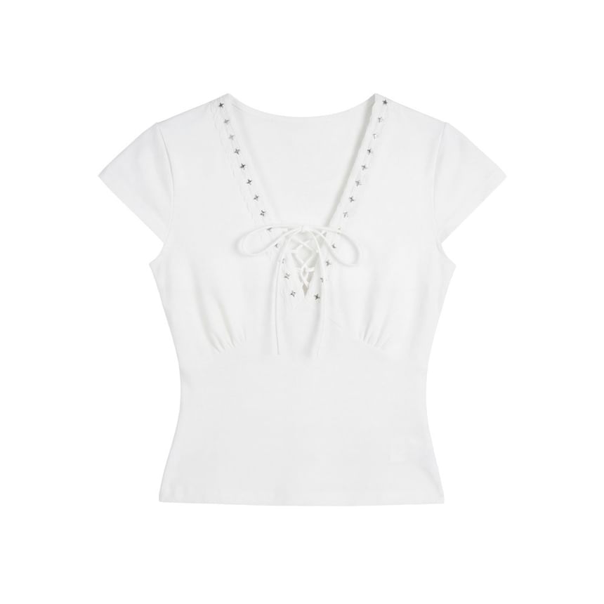 Short Sleeve V-Neck Lace-Up Plain Slim-Fit Crop Top