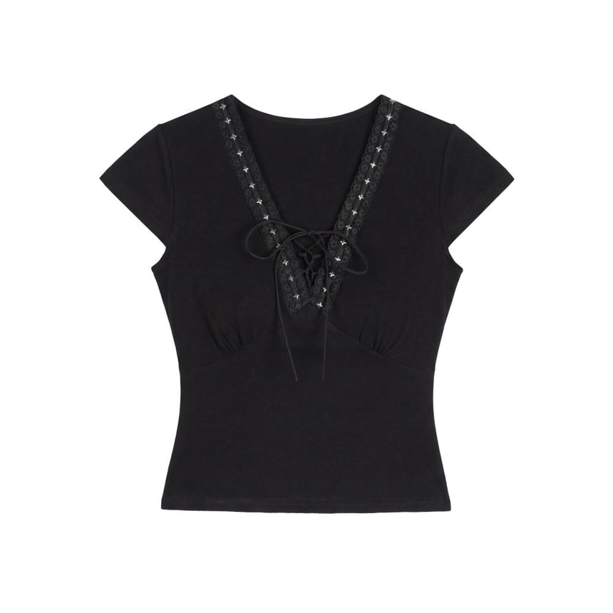 Short Sleeve V-Neck Lace-Up Plain Slim-Fit Crop Top