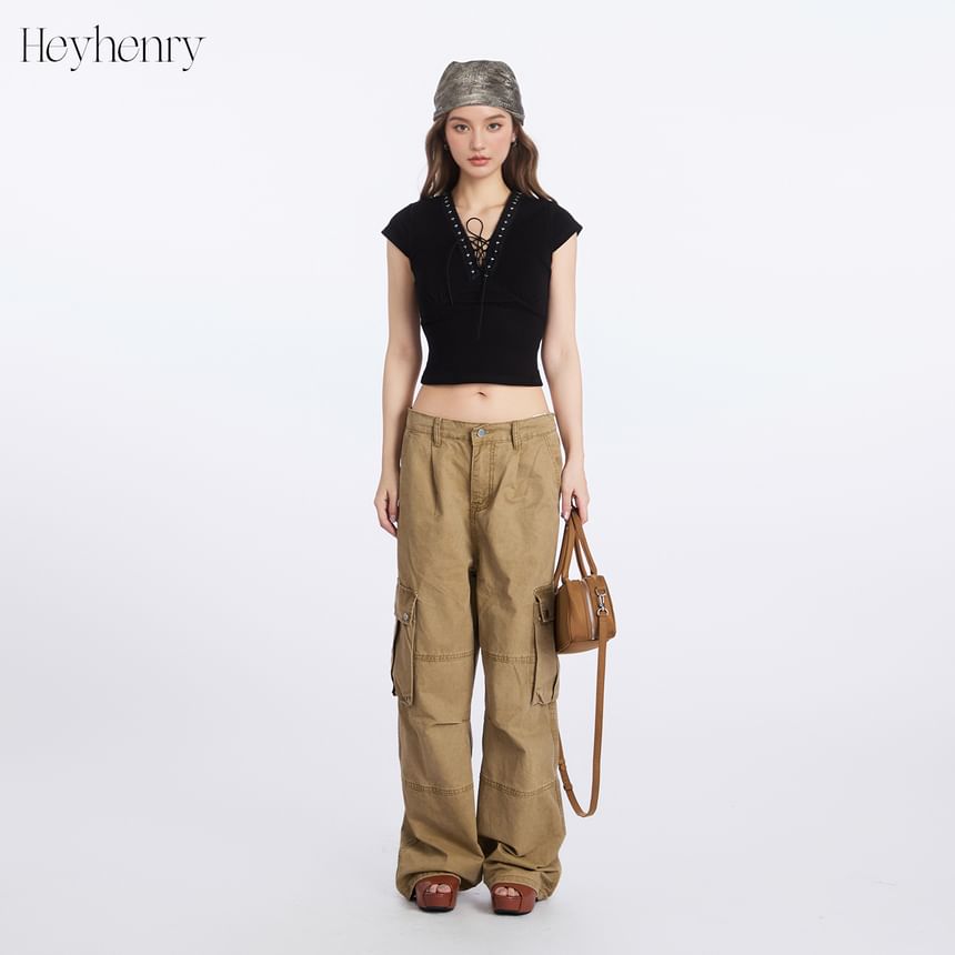 Short Sleeve V-Neck Lace-Up Plain Slim-Fit Crop Top