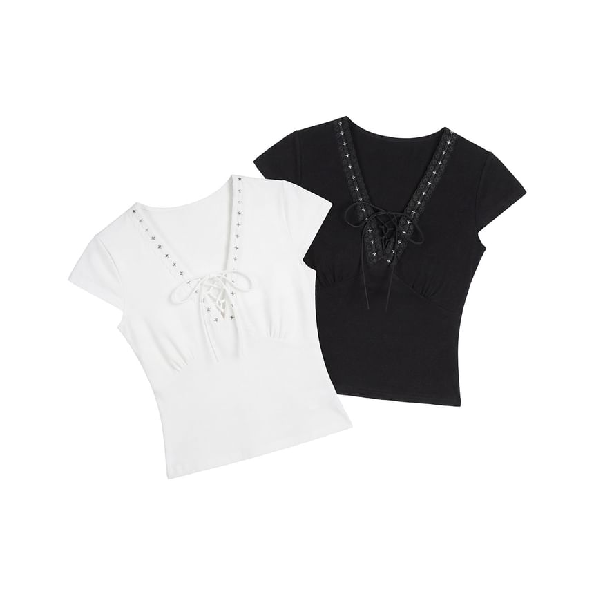 Short Sleeve V-Neck Lace-Up Plain Slim-Fit Crop Top