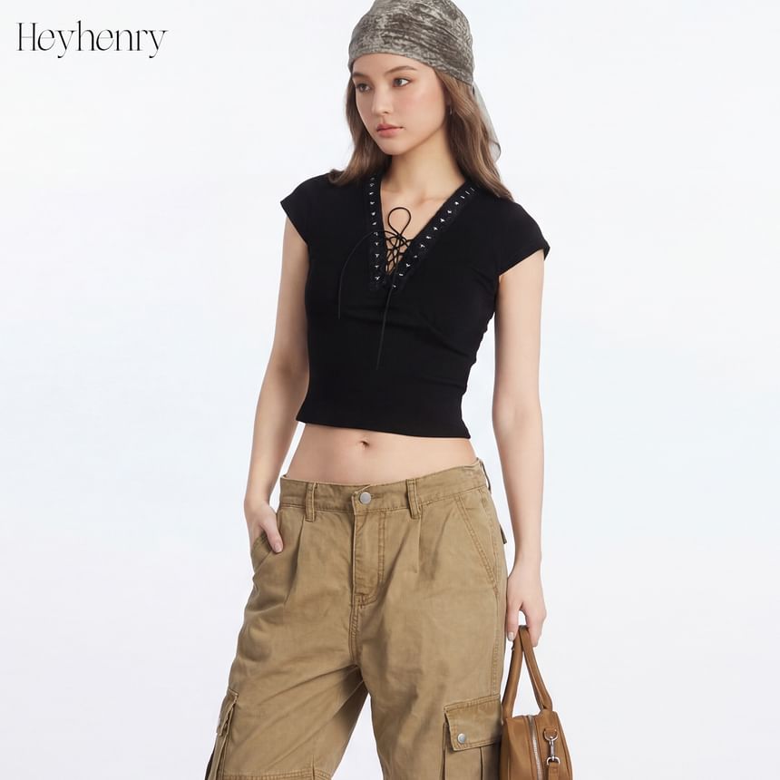 Short Sleeve V-Neck Lace-Up Plain Slim-Fit Crop Top
