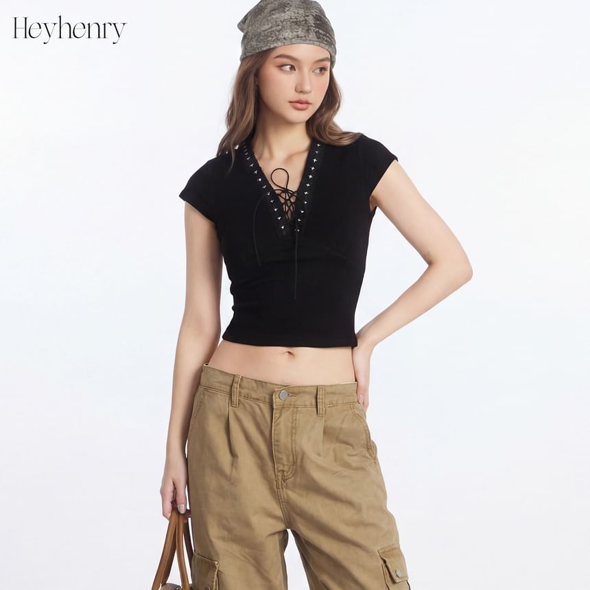 Short Sleeve V-Neck Lace-Up Plain Slim-Fit Crop Top