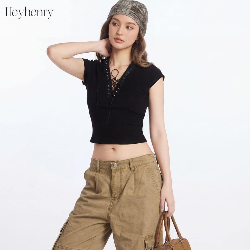 Short Sleeve V-Neck Lace-Up Plain Slim-Fit Crop Top