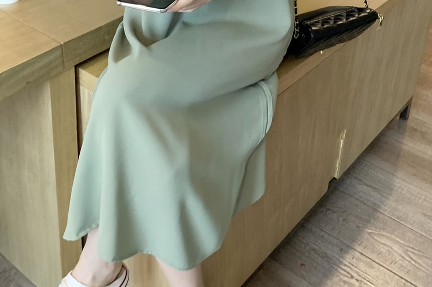 Spaghetti Strap V-Neck Plain Midi A-Line Dress