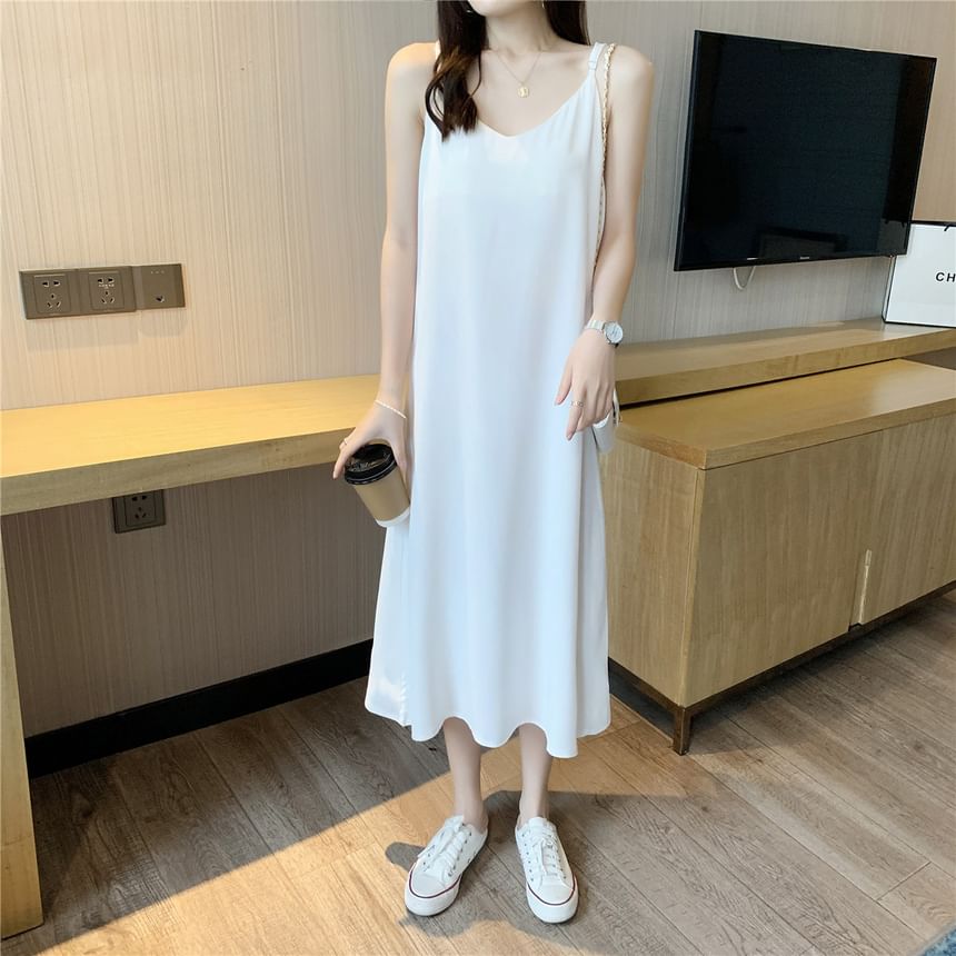 Spaghetti Strap V-Neck Plain Midi A-Line Dress