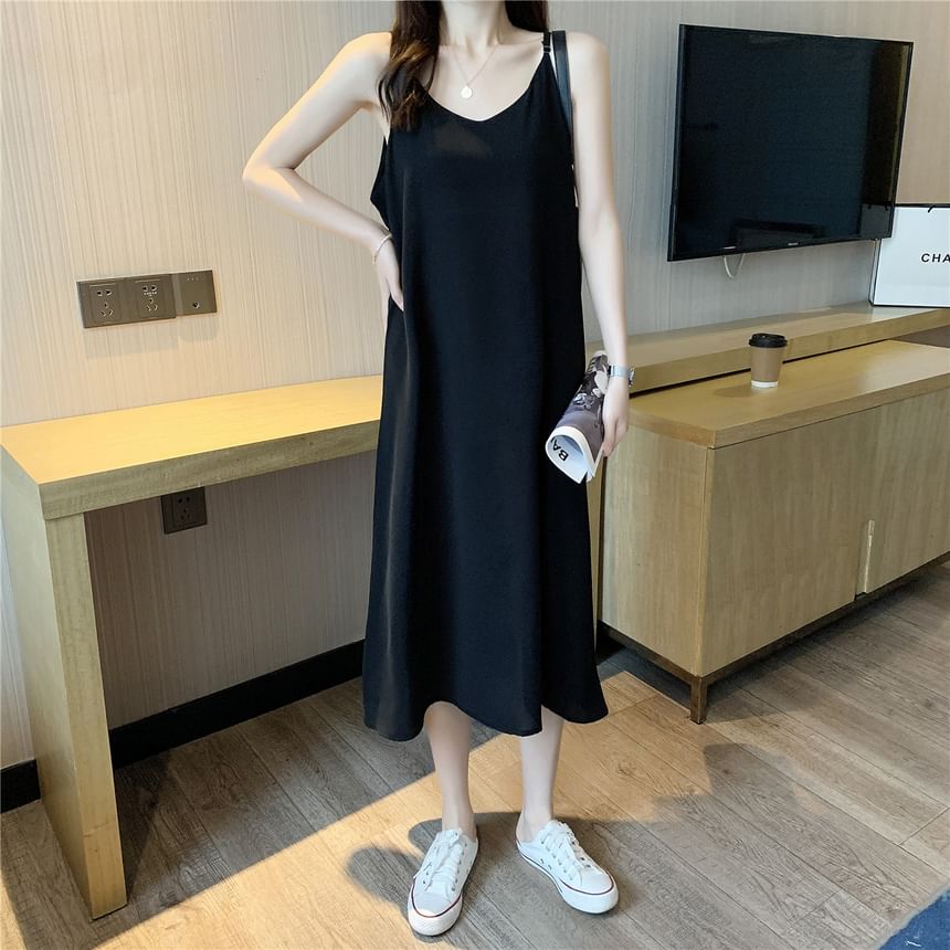 Spaghetti Strap V-Neck Plain Midi A-Line Dress