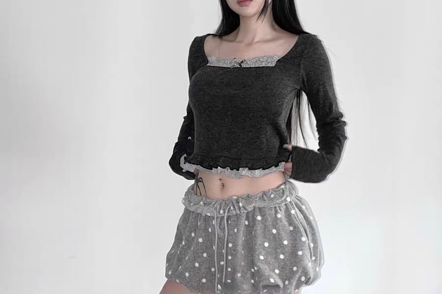 Mock Two-Piece Long-Sleeve Square Neck Lace Trim Crop Top