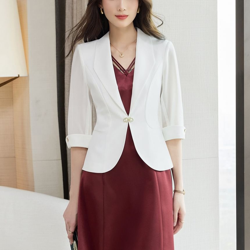 Set: Spaghetti Strap V-Neck Plain Midi A-Line Dress + Elbow-Sleeve Crop Blazer