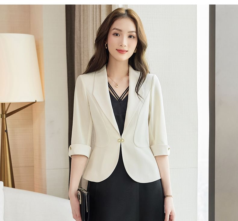 Set: Spaghetti Strap V-Neck Plain Midi A-Line Dress + Elbow-Sleeve Crop Blazer