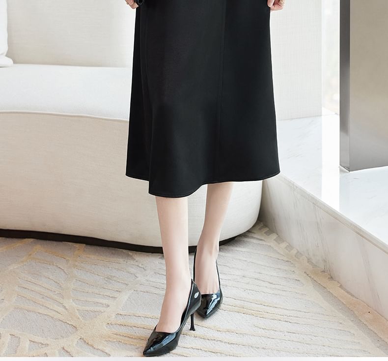 Set: Spaghetti Strap V-Neck Plain Midi A-Line Dress + Elbow-Sleeve Crop Blazer