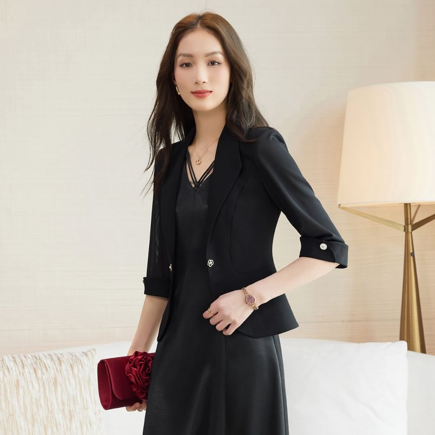 Set: Spaghetti Strap V-Neck Plain Midi A-Line Dress + Elbow-Sleeve Crop Blazer