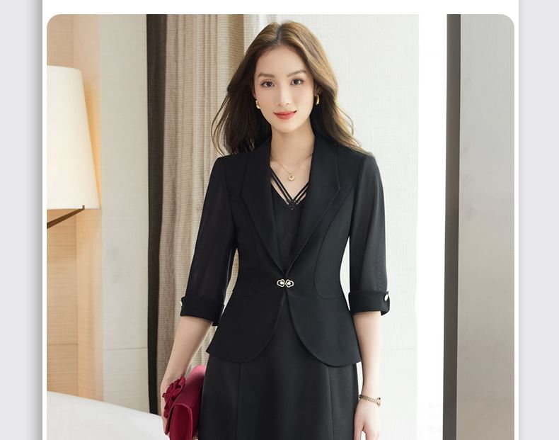 Set: Spaghetti Strap V-Neck Plain Midi A-Line Dress + Elbow-Sleeve Crop Blazer