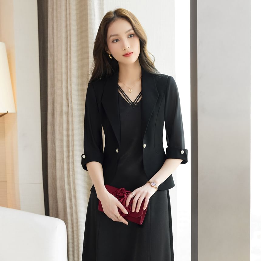 Set: Spaghetti Strap V-Neck Plain Midi A-Line Dress + Elbow-Sleeve Crop Blazer