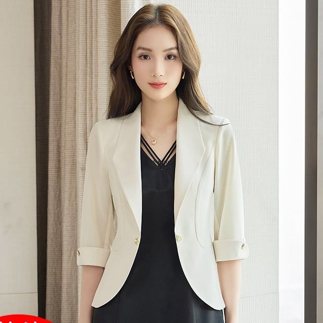 Set: Spaghetti Strap V-Neck Plain Midi A-Line Dress + Elbow-Sleeve Crop Blazer