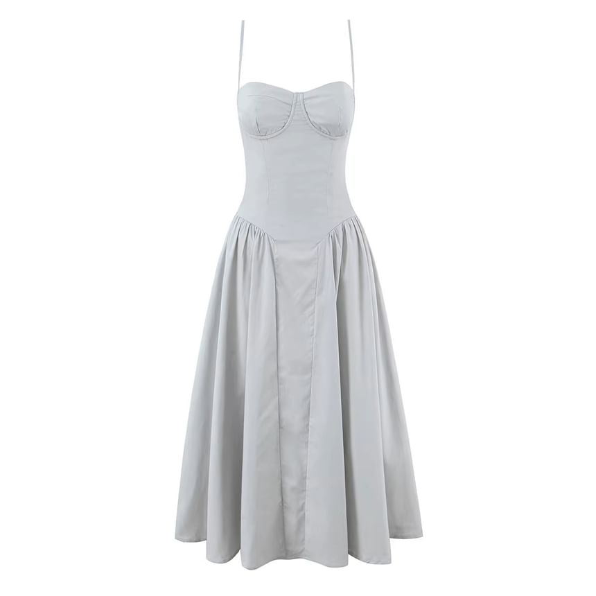 [S] Spaghetti Strap Plain Midi A-Line Dress