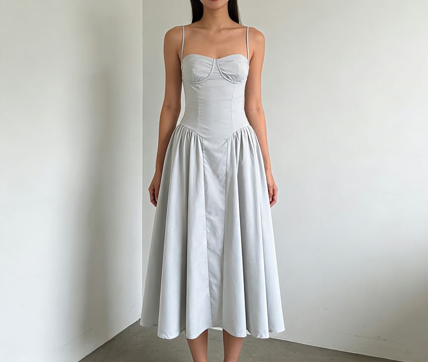 [S] Spaghetti Strap Plain Midi A-Line Dress